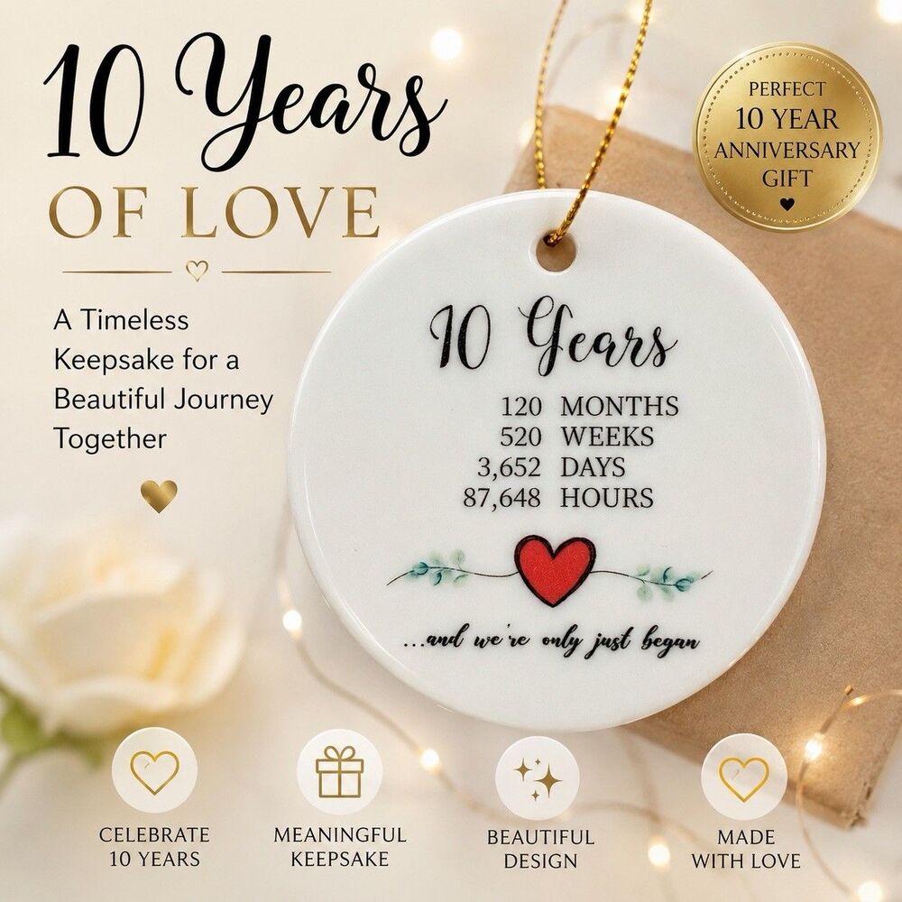 10th Anniversary Couple Gifts for Him Her Ceramic Ornament Keepsake Sign Round